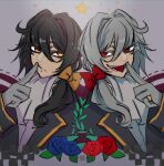 2boys :d antonio_salieri_(fate) antonio_salieri_(human)_(fate) antonio_salieri_(second_ascension)_(fate) artist_logo ascot blue_flower blue_rose bow closed_mouth colored_eyelashes dis01 dual_persona fate/grand_order fate_(series) finger_to_mouth flower formal gloves grey_gloves grey_hair hair_between_eyes hair_bow hair_over_shoulder long_hair long_sleeves looking_at_another low_ponytail male_focus multiple_boys open_mouth orange_bow orange_eyes ponytail red_bow red_eyes red_flower red_rose rose sharp_teeth smile star_(symbol) teeth tongue tongue_out upper_body 