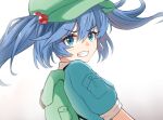  1girl absurdres backpack bag blue_eyes blue_hair blue_shirt clenched_teeth flat_cap green_headwear hair_between_eyes hair_bobbles hair_ornament hat highres ibara_kashipan kawashiro_nitori shirt short_hair short_sleeves solo teeth touhou twintails upper_body 