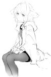  1girl animal_ear_fluff animal_ears arknights bangs closed_mouth cy_fros dress feet_out_of_frame greyscale highres hood hood_down hooded_jacket jacket looking_at_viewer monochrome open_clothes open_jacket pantyhose simple_background sitting sketch solo sussurro_(arknights) tail white_background 