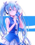  1girl ;) bangs bare_arms blue_eyes blue_hair blue_shirt bottle closed_mouth collared_shirt hair_between_eyes hair_ribbon hatsune_miku highres holding holding_bottle long_hair miniskirt necktie oekakimmy one_eye_closed pleated_skirt ribbon shiny shiny_hair shirt skirt sleeveless sleeveless_shirt smile solo standing twintails very_long_hair vocaloid water_bottle white_necktie white_ribbon white_skirt wing_collar 