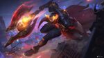  1boy alternate_costume axe black_hair cape city city_lights clenched_hands darius_(league_of_legends) fantasy fingerless_gloves fiora_(league_of_legends) gloves glowing glowing_weapon horns league_of_legends logo lunar_beast_darius lunar_beast_fiora male_focus manly mature_male muscular muscular_male night night_sky official_art orb pants shoes short_hair sky smile snickers teeth tight weapon west_studio 