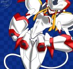  1girl armor blue_background breasts colored_skin curvy darling_in_the_franxx highres horns humanoid_robot large_breasts mecha_musume no_nipples red_eyes robot shoulder_armor single_horn solo strelizia tail thedarkbreaker thighs white_skin 