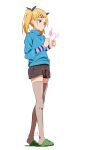  1girl blonde_hair cat_ear_hairband expressionless full_body grey_eyes hair_ornament hairband_removed hairclip holding_hairband miyahara_takuya mole mole_under_eye shirobako short_shorts short_twintails shorts simple_background slippers solo sweater thigh-highs twintails white_background yano_erika 