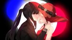  2girls black_bow black_hair black_suit blonde_hair bow closed_eyes commentary_request dress formal hand_on_another&#039;s_hat hat hat_bow highres incoming_kiss inoue_takina long_hair long_sleeves lycoris_recoil multiple_girls nishikigi_chisato official_alternate_costume ponytail red_dress red_headwear short_hair sleeveless sleeveless_dress suit tudili upper_body yuri 