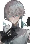  1boy androgynous blue_eyes chinese_clothes closed_mouth earrings expressionless gloves grey_hair hair_ornament highres holding holding_phone jewelry kuleha_s looking_at_viewer male_focus original phone selfie single_earring solo white_background 
