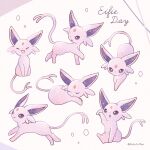  :d bright_pupils closed_eyes commentary_request espeon forked_tail highres mofucoffee multiple_views no_humans open_mouth pokemon pokemon_(creature) smile tail twitter_username violet_eyes white_pupils 