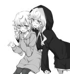  2girls :d arm_rest bangs blunt_bangs blush collared_jacket cowlick cropped_jacket cross_tie daitou_academy_school_uniform drawstring dress embarrassed eyes_visible_through_hair glasses greyscale hair_over_one_eye hand_on_own_chest highres holding holding_phone hood hood_down hood_up hoodie invisible_chair kazari_jun leaning_forward long_hair long_hoodie long_sleeves looking_at_another looking_away magia_record:_mahou_shoujo_madoka_magica_gaiden mahou_shoujo_madoka_magica messy_hair miwa_mitsune monochrome multiple_girls open_clothes open_hoodie open_mouth pantyhose phone school_uniform short_dress short_hair simple_background sitting smile swept_bangs wavy_hair white_background worried yumiao79 