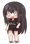  0_0 1girl bangs black_hair black_shirt blue_shorts blush chibi clothes_writing cutoffs english_text full_body hair_between_eyes hana_kazari hand_on_hip highres long_hair looking_away open_mouth original red_footwear sandals shadow shirt short_shorts short_sleeves shorts simple_background solo standing very_long_hair wavy_mouth white_background 