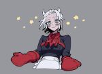  1girl amiri_ari apron blind blush commentary_request demon_girl demon_horns helltaker horns justice_(helltaker) looking_at_viewer neckerchief outstretched_arms oven_mitts pink_background red_neckerchief red_shirt shirt short_hair smile solo upper_body white_hair white_horns 