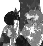  1boy 1girl animal_ears bob_cut ear_covers eyes_visible_through_hair genderswap genderswap_(ftm) greyscale hair_ornament hairclip highres horse_boy horse_ears horse_girl monochrome nishino_flower_(umamusume) outdoors pleated_skirt poteo_(poteo_mot) puffy_short_sleeves puffy_sleeves sailor_collar sailor_shirt school_uniform seiun_sky_(umamusume) shirt short_hair short_sleeves single_ear_cover skirt tree umamusume under_tree 