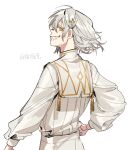  1boy alchemy_stars bangs cane grey_hair grin hair_ornament hand_on_hip kyouichi long_sleeves looking_at_viewer looking_back male_focus matthieu_(alchemy_stars) pants puffy_long_sleeves puffy_sleeves sharp_teeth shirt shirt_tucked_in short_hair simple_background smile solo teeth white_background white_pants white_shirt yellow_eyes 