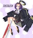  1girl black_dress black_footwear black_gloves blush breasts buttons character_name collared_shirt dress full_body glaive gloves kantai_collection large_breasts machinery mechanical_halo open_mouth purple_hair rigging rurisakura shirt shoes short_hair smile solo tatsuta_(kancolle) torpedo violet_eyes white_shirt 