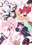  4girls :d ^_^ ahoge airi_(blue_archive) biohazard_symbol black_hair black_jacket black_pantyhose black_sailor_collar black_skirt black_thighhighs blonde_hair blue_archive blush bowl brown_eyes cardigan checkered_floor closed_eyes closed_mouth commentary_request cupcake doughnut feet_out_of_frame food food_on_face halo hand_up harada_(sansei_rain) highres holding holding_bowl holding_food holding_spoon hood hood_down hooded_jacket ice_cream jacket kazusa_(blue_archive) long_hair long_sleeves lying macaron multicolored_hair multiple_girls natsu_(blue_archive) on_back on_side pantyhose pastry_box pink_hair pink_skirt plaid plaid_skirt puffy_long_sleeves puffy_sleeves red_eyes red_jacket sailor_collar school_uniform serafuku shirt side_ponytail skirt sleeves_past_wrists smile spoon thigh-highs track_jacket triple_scoop twintails two-tone_hair very_long_hair white_cardigan white_serafuku white_shirt white_skirt white_thighhighs yoshimi_(blue_archive) 
