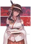  1girl bare_shoulders black_hair breasts closed_mouth detached_sleeves flower hair_between_eyes hair_ornament headband highres kantai_collection large_breasts nontraditional_miko red_eyes red_skirt short_hair skirt solo spider_lily sugue_tettou twitter_username upper_body white_headband white_sleeves wide_sleeves yamashiro_(kancolle) yamashiro_kai_ni_(kancolle) 