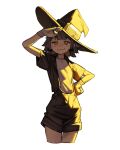  1girl black_hair bright_pupils brown_eyes cropped_legs goggles goggles_on_headwear hat highres looking_at_viewer original rinotuna salute short_hair short_sleeves shorts simple_background solo white_background white_pupils witch_hat 