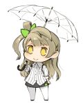  1girl bow brown_hair chibi closed_mouth full_body hair_bow long_hair love_live! love_live!_school_idol_project minami_kotori mota one_side_up simple_background skirt smile solo standing umbrella white_background yellow_eyes 