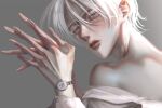  1boy bare_shoulders fingernails grey_background grey_eyes hair_between_eyes highres kohaku_0 lobor looking_at_viewer mole mole_under_mouth original own_hands_together portrait short_hair simple_background solo watch watch white_hair 