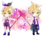  1boy 1girl :t absurdres annoyed bangs black_bow black_footwear black_pants black_shorts blonde_hair blue_eyes blue_gemstone blush bow bowtie chibi collared_shirt dress_shirt eye_contact fork full_body gem hair_between_eyes hair_bow highres holding holding_fork holding_knife kagamine_len kagamine_rin kneehighs knife kurebe long_sleeves looking_at_another low_ponytail okochama_sensou_(vocaloid) open_mouth oversized_object pants puffy_pants red_gemstone shirt short_ponytail shorts siblings socks standing tailcoat two-sided_tailcoat v-shaped_eyebrows vocaloid white_bow white_bowtie white_shirt white_socks 