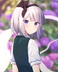  1girl black_hairband blurry blurry_background closed_mouth flower from_behind ghost grey_hair hairband highres konpaku_youmu konpaku_youmu_(ghost) purin_jiisan purple_flower short_hair short_sleeves solo touhou upper_body 