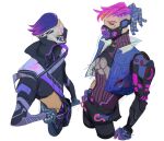  2boys apex_legends apex_legends_mobile black_jacket black_pants black_sclera blue_gloves cable colored_sclera fade_(apex_legends) fast_fashion_octane_(mobile) fatal_headliner_fade gloves goggles hair_slicked_back hand_on_hip highres jacket male_focus mask multiple_boys octane_(apex_legends) official_alternate_costume official_art pants pink_hair purple_gloves purple_jacket purple_sweater sketch sweater white_background yellow_eyes yitiao_da_shu 