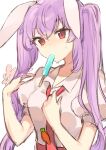  1girl animal_ears collared_shirt food hair_between_eyes highres long_hair mouth_hold necktie one-hour_drawing_challenge pink_hair popsicle puffy_short_sleeves puffy_sleeves rabbit_ears red_eyes red_necktie reisen_udongein_inaba rin_(yukameiko) shirt short_sleeves simple_background solo touhou upper_body white_background white_shirt 