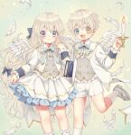  1boy 1girl :d angel angel_wings blue_eyes book candle closed_mouth feathers grey_hair heterochromia highres long_hair long_sleeves looking_at_viewer matching_outfit open_mouth original rii_(pixiv11152329) short_hair siblings smile socks twins violet_eyes wavy_hair wings yellow_eyes 