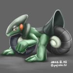 black_eyes bright_pupils commentary_request cyclizar dated from_side full_body grey_background highres looking_at_viewer no_humans pokemon pokemon_(creature) solo twitter_username white_pupils yajishin30 