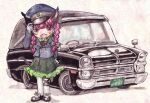  1girl animal_ears black_bow black_tail bow braid cat_ears cat_tail chauffeur fang footwear_bow gloves green_skirt ground_vehicle hair_bow hat_tip hearse kaenbyou_rin motor_vehicle multiple_tails nissan nissan_gloria open_mouth pink_eyes pink_hair skirt sodbre_(takaya) solo standing tail touhou twin_braids two_tails uniform 