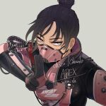  1girl apex_legends bangs black_hair breasts cable character_name chizu_(kurukuro) copyright_name floating_hair green_background hair_behind_ear hair_bun highres jacket kuji-in looking_to_the_side mask mouth_mask official_alternate_costume pink_jacket portrait small_breasts solo void_specialist_wraith wraith_(apex_legends) 