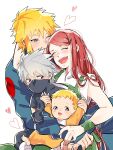  1girl 3boys ;) arm_around_neck awarinko baby bangs blonde_hair blue_eyes blush closed_eyes commentary_request facial_mark father_and_son hair_ornament hairclip hatake_kakashi heart highres husband_and_wife long_hair mask mother_and_son mouth_mask multiple_boys namikaze_minato naruto naruto_(series) ninja one_eye_closed open_mouth redhead shiny shiny_hair sleeveless smile spiky_hair uzumaki_kushina uzumaki_naruto very_long_hair whisker_markings wristband zipper_pull_tab 