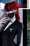  1girl 2022 absurdres akanui arm_behind_back black_jacket black_mask blazer buttons cellphone commentary_request hair_ribbon highres holding holding_phone jacket long_hair looking_away mask mixed-language_commentary mouth_mask persona persona_5 persona_5_the_royal phone ponytail red_eyes red_ribbon redhead ribbed_sweater ribbon school_uniform shuujin_academy_uniform signature solo sweater turtleneck turtleneck_sweater uniform white_sweater yoshizawa_kasumi 