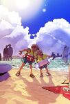  2boys blue_shorts blue_sky brown_hair can closed_eyes clouds cloudy_sky copyright_request day innertube life_vest male_child multiple_boys open_mouth outdoors sand sandals shadow short_hair shorts sky smile tirano_kim 