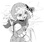  1boy clouds fingerless_gloves gloves goggles grandia grandia_i greyscale hand_on_headwear hat highres justin_(grandia) looking_at_viewer monochrome ocean open_mouth scarf smile solo sword teeth upper_teeth weapon weapon_on_back 