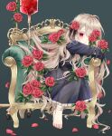  1girl blonde_hair blood blood_bag chair child closed_mouth dress female_child flower grey_background highres intravenous_drip long_hair one_eye_covered original red_flower red_rose rii_(pixiv11152329) rose sitting solo violet_eyes wavy_hair 