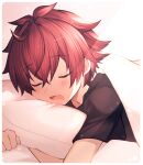  1boy absurdres bed black_shirt blanket blush border child closed_eyes facing_viewer fang highres male_child male_focus memo_haco open_mouth original pillow redhead shirt short_hair short_sleeves skin_fang sleeping snoring solo white_border 