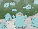  &gt;_&lt; animal_focus commentary_request happy looking_at_viewer lying no_humans on_back outdoors partially_submerged pic_koiwai pokemon pokemon_(creature) quagsire rain smile swimming twitter_username water wet 