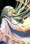  1other absurdres androgynous bangs black_background blurry chain chromatic_aberration closed_eyes depth_of_field enkidu_(fate) expressionless fate/grand_order fate/strange_fake fate_(series) floating_hair green_hair highres light_particles long_hair looking_at_viewer robe solo spece_ponta very_long_hair white_robe yellow_eyes 