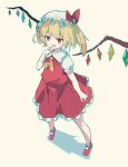  1girl ar_(maeus) ascot bangs blonde_hair blush bow crystal fang flandre_scarlet frilled_skirt frills full_body hand_up hat mary_janes pointing pointing_at_self puffy_short_sleeves puffy_sleeves red_bow red_eyes red_footwear red_skirt shoes short_sleeves skirt skirt_set smile solo touhou vest white_background white_headwear wings yellow_ascot 