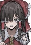  1girl absurdres ascot bangs bare_shoulders bow brown_ascot collarbone collared_dress detached_sleeves dress eyes_visible_through_hair fang fangs frills gohei grey_eyes grey_hair hair_between_eyes hair_ornament hair_tubes hakurei_reimu hand_up highres hisha_(kan_moko) long_sleeves looking_at_viewer medium_hair open_mouth red_bow red_dress simple_background solo teeth tongue touhou upper_body v-shaped_eyebrows white_background wide_sleeves 