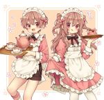  1boy 1girl apron brown_hair flower highres long_hair looking_at_viewer maid maid_apron maid_headdress matching_outfit multicolored_background open_mouth original pink_background pink_flower red_eyes rii_(pixiv11152329) short_hair siblings socks tongue tongue_out twins violet_eyes wavy_hair white_background 