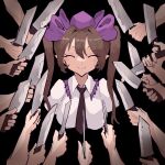  1girl 6+others absurdres bangs black_background black_necktie brown_hair closed_eyes closed_mouth hat highres himekaidou_hatate holding holding_knife john_wick knife medium_hair mugi_(mugimugi_9kv) multiple_others necktie parody pointy_ears purple_headwear short_sleeves simple_background smile solo surrounded tokin_hat touhou twintails 