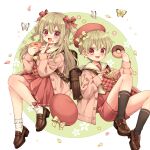  1boy 1girl blonde_hair bow bug butterfly circle doughnut food full_body hair_bow hat highres long_hair looking_at_viewer matching_outfit original pink_eyes pink_theme rii_(pixiv11152329) short_hair siblings twins twintails white_background 