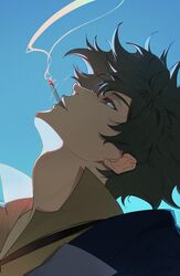  1boy black_hair blue_jacket brown_eyes cigarette clear_sky collared_shirt cowboy_bebop highres jacket looking_up male_focus messy_hair pig_ggul shirt sky smoke smoke_trail smoking solo spike_spiegel yellow_shirt 