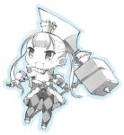  1girl blush_stickers chibi crown full_body fur_trim gloves greyscale hammer highres jewelry long_hair monochrome mota open_mouth original simple_background smile solo weapon white_background 