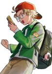  1boy backpack backwards_hat bag blonde_hair blue_eyes cellphone charm_(object) clenched_hand earphones earphones food glasses green_bag green_jacket grey-framed_eyewear grey_background hat headband highres holding holding_phone jacket male_focus nashigaya_koyomi octopus onigiri open_clothes open_jacket open_mouth original phone red_headband screen_light simple_background smartphone solo teeth upper_teeth zipper zipper_pull_tab 