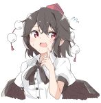  1girl :d bangs bird_wings black_bow black_bowtie black_hair black_wings bow bowtie breasts buttons collared_shirt hair_between_eyes hand_up hat index_finger_raised looking_to_the_side nankotsu notice_lines open_mouth pom_pom_(clothes) puffy_short_sleeves puffy_sleeves red_eyes red_headwear shameimaru_aya shirt short_hair short_sleeves simple_background small_breasts smile solo sweatdrop tokin_hat touhou upper_body white_background white_shirt wings 