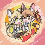  2girls animal_costume animal_ear_fluff animal_ears blonde_hair bow bowtie brown_eyes brown_hair cat_ears cat_girl cat_tail geoffroy&#039;s_cat_(kemono_friends) green_eyes kemono_friends kemono_friends_v_project large-spotted_genet_(kemono_friends) long_hair looking_at_viewer microphone multiple_girls open_mouth p_alti ribbon shirt skirt tail twintails virtual_youtuber 