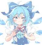  1girl ahoge bangs blue_bow blue_eyes blue_hair blue_vest bow cirno closed_mouth collared_shirt cryokinesis detached_wings dot_nose flat_chest frog hair_between_eyes hair_bow half-closed_eye ice ice_wings light_blue_hair looking_at_viewer nankotsu neck_ribbon puffy_short_sleeves puffy_sleeves red_ribbon ribbon shirt short_hair short_sleeves solo speech_bubble sweatdrop touhou translated upper_body vest wavy_mouth white_background white_shirt wings 