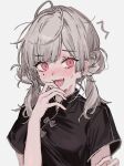  1girl antenna_hair aogisa blush chinese_clothes double_bun eyelashes fangs grey_background grey_hair hair_bun highres long_eyelashes long_hair mole mole_under_eye open_mouth original pink_eyes simple_background solo surprised sweat tongue twintails upper_body wide-eyed 