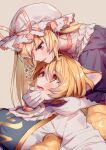 2girls absurdres animal_ears blonde_hair blue_eyes blush brown_background choker fox_ears fox_girl fox_tail gloves hat highres long_hair looking_at_another masanaga_(tsukasa) mob_cap multiple_girls multiple_tails no_headwear open_mouth red_choker short_hair simple_background tail touhou white_gloves white_headwear yakumo_ran yakumo_yukari yellow_eyes 